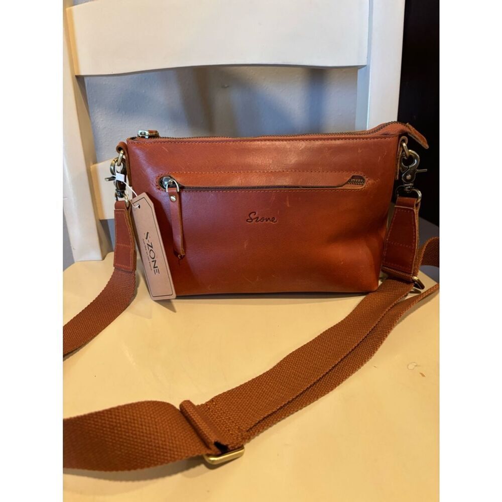 S-ZONE Genuine Leather Crossbody Bag Cognac Brown Adjustable Strap